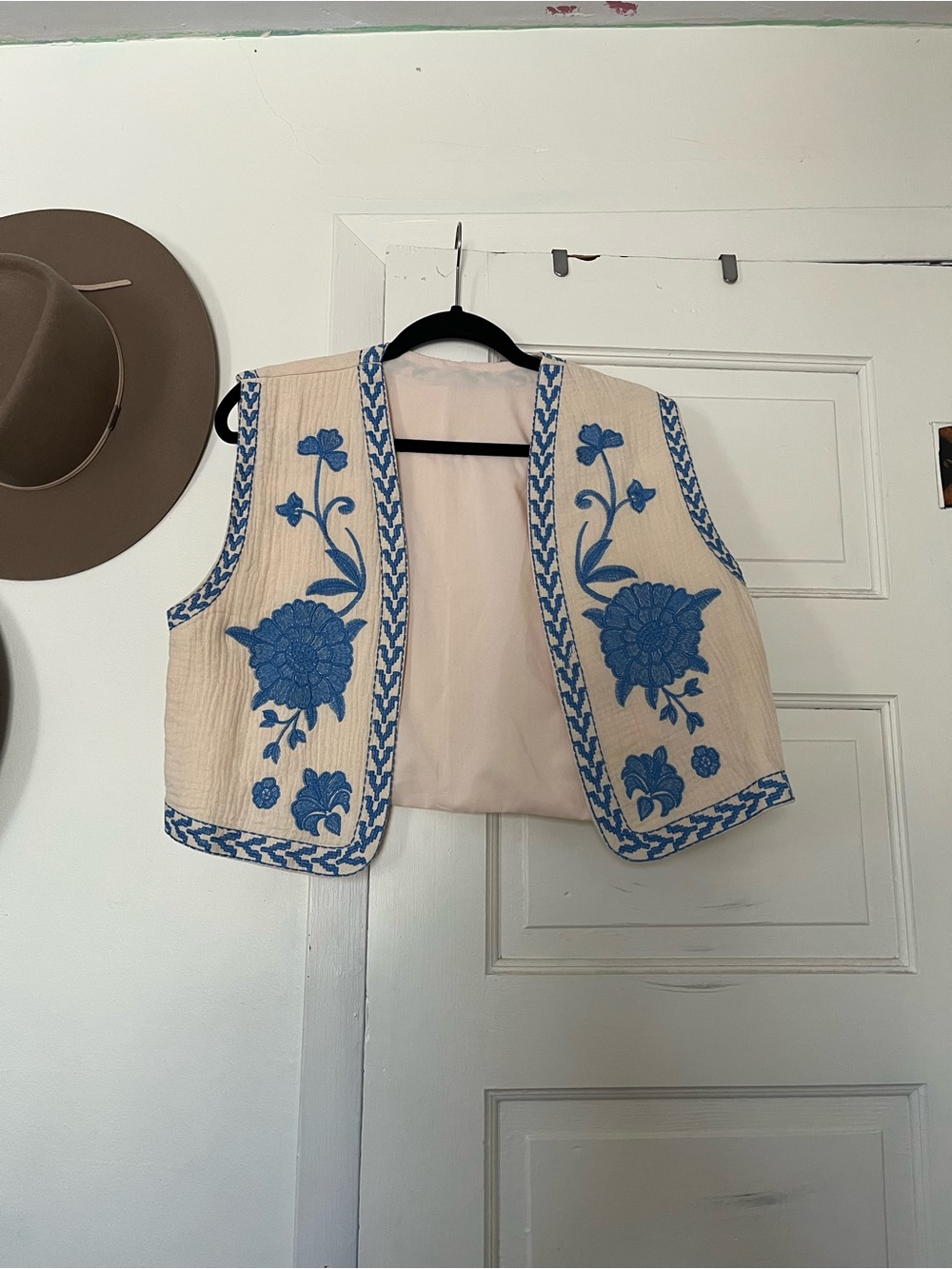 Amazon Cream Embroidered Vest with Blue Floral Accents